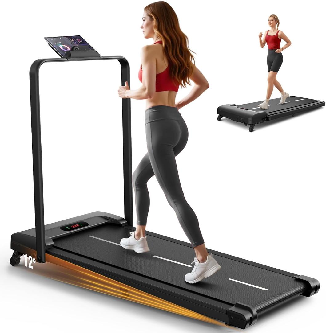 ANCHEER Treadmill with Handles, 3.0 HP Foldable Walking pad with 12% Incline, 320 lbs Capacity-Portable Under Desk Folding Treadmills for Home Small with Widened Belt/Remote Control (Classic Black)