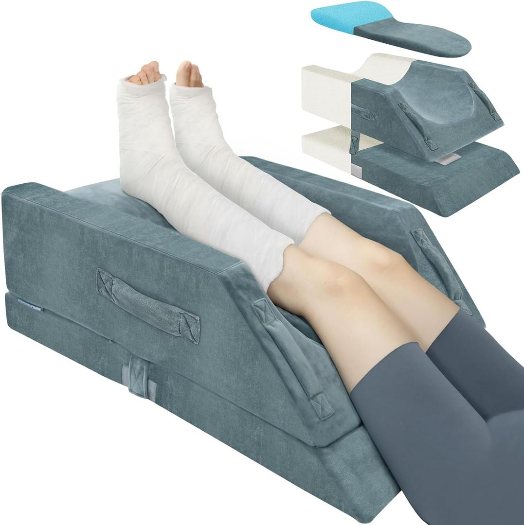 4-Height Adjustable Leg Elevation Pillow, Double Leg, Grey | Soft & Supportive Memory Foam, Keeps Leg/Knee Straight for Pain & Swelling Relief, Fits Various Heights, Non-Slip & 4 Handles