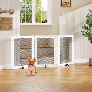 MAHANCRIS Freestanding Dog Gate Indoor, Foldable Wooden Pet Gate for The House Stairs Doorways, 4 Panels Tall Dog Fence with Support Feet, 59.5"W x 31.5"H, Extra Wide Step Over Fence, White DGHW80101