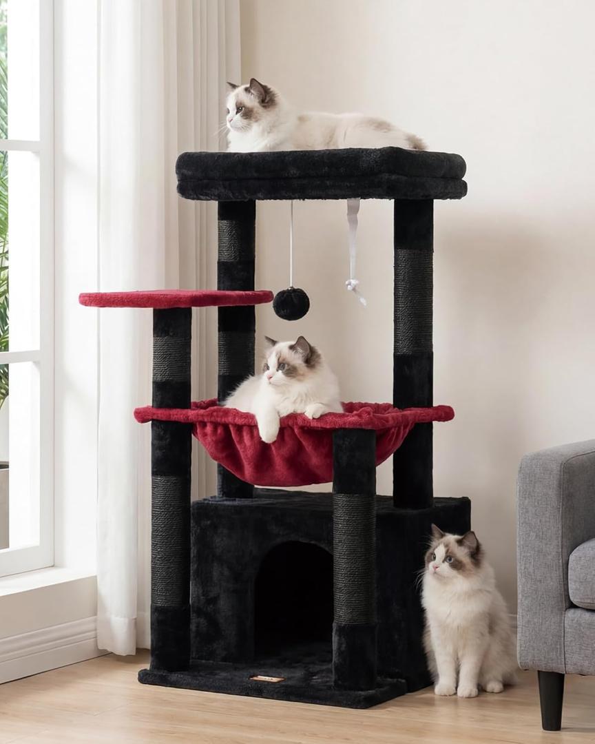 Heybly Cat Tree, Kitten Tower with Large Soft Cat Basket,Cat Condo with Spacious Cat Bed Cave with Hidden SpaceSisal-Covered Scratching Posts,Dangling Ball for Indoor Cats, Black and Red HCT008SBR