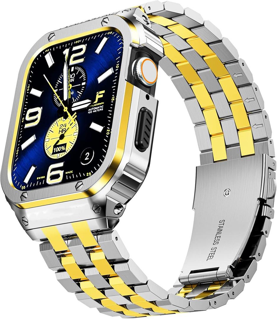 Stainless Steel Watch Band with Case Compatible with Apple Watch Band Series 10 46mm, Rugged Strap Metal Protective Bumper Cover for iWatch Bands Men, Silver/Gold