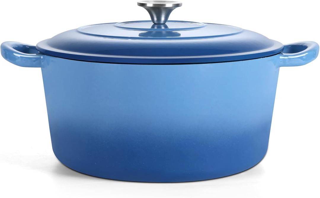 TeamFar Enameled Cast Iron Dutch Oven, 7qt Dutch Oven Pot Nonstick Cookware with Lid & Dual Handles for Bread Baking, Cooking, Oven Safe up to 500 & Various Stovetops, Healthy & Heavy Duty - Blue