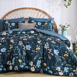 DJY Comforter Set Queen Size,Teal Blue Floral Bedding Comforter Sets, 7 Pieces Bed in a Bag Lightweight Botanical Comforter Set with Sheets Pillowcases & Shams for All Seasons