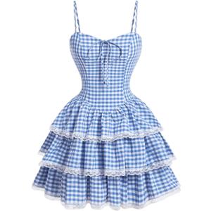 SOLY HUX Women's Y2k Gingham Plaid Mini Dress Lace Trim A Line Layered Ruffle Hem Cami Dresses (Medium, Blue and White Plaid)
