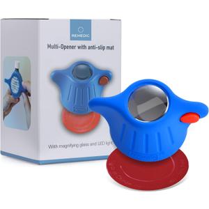 Remedic Medicine Bottle Opener with Magnifier & LED Light  Easy Grip Aid for Weak Hands  Non-Slip Mat for One-Handed Use  Arthritis-Friendly Multi-Opener  Senior Care Tools