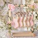 Suclain Mini Wooden Cookie Hangers and Rack Display Stand for Baby Shower Bridal Shower with 6 Hangers, Wood Cookie Rack with Faux Flowers, Vines, Ribbon and Treat Bags for Candy Table Wedding(Pink)