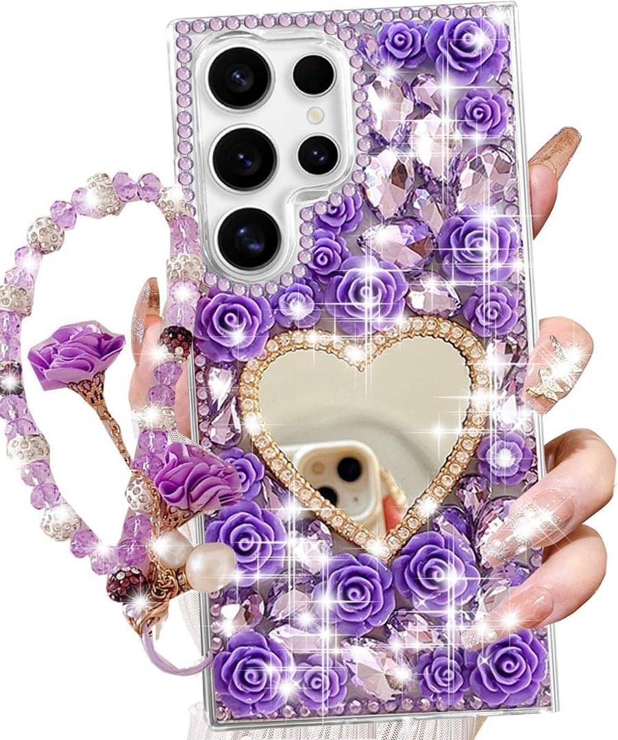 Changjia for Samsung Galaxy S26 Ultra Glitter Bling Case,Cute 3D Sparkle Heart Makeup Mirror Crystal Rhinestone Flower Diamond Gems with Lanyard Wrist Strap Women Girl Case for Galaxy S26 Ultra,Purple