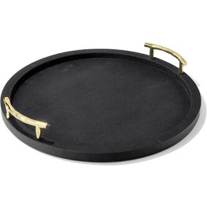 American Atelier Round Serving Tray- Large Decorative Platter w/Carry Handles in Gorgeous Leatherette Finish Perfect for Food, Drinks, Ottoman or Centerpiece, Gray/Green, 1630071, 17'' 2