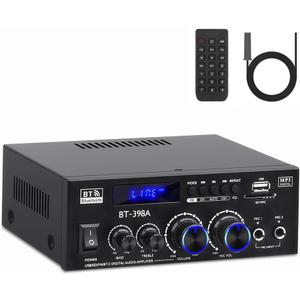 BT-398A Stereo Amplifier Receivers, Bluetooth 5.0 Audio Amp 2.0 Channel 60W+60W Rated Power Mini Speakers Sound Amplifiers Digital Amps w/FM Radio USB SD Card for Home Theater Audio System