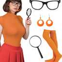 Velma Costume Accessories Set for Women  Halloween Cosplay Kit with Black Glasses, Orange Earrings, Knee High Socks, Magnifying Glass