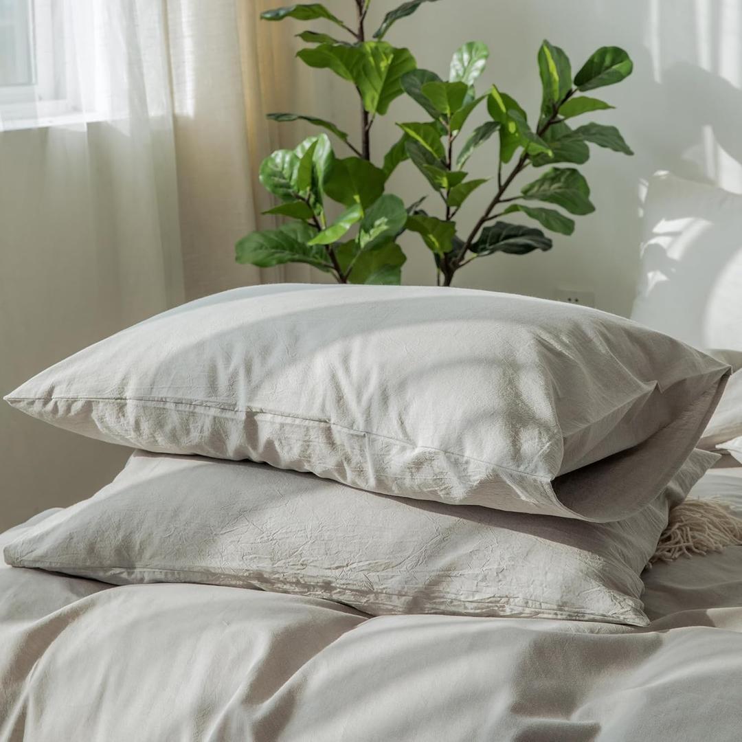 MooMee Bedding Pillowcases Pack of 2 100% Washed Cotton Linen Like Textured Breathable Durable Soft Comfy (Pastel Grey, King)