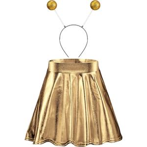 Sintege Halloween Alien Headband and Metallic Flared Pleated Skater Skirt for Halloween Costumes Supplies(Large Skirt,Gold)