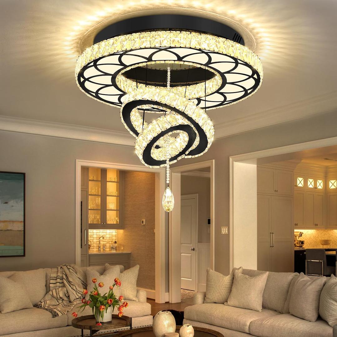 Flashing God Dia 24" Modern Crystal Chandelier for Dining Room Black Ceiling Chandelier Flush Mount Ceiling Light for Living Room Bedroom Hallway