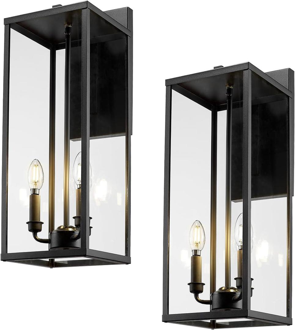 Bestshared Large Outdoor Wall Sconce, 24'' Modern Black Outdoor Wall Lantern, 3-Light Clear Glass Porch Light, Weather Resistant Outside Light for House Entryway Garage Patio, E12 Base(2Pack)