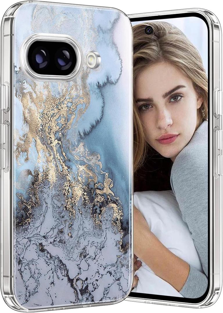 Marble Case for Google Pixel 9A 5G, Soft Silicone Clear TPU Case for Women, Pixel 9A Cute White Blue Marble Pattern Anti-Scratch Shockproof Protective Cover for Google 9A 6.3-inch (Blue)