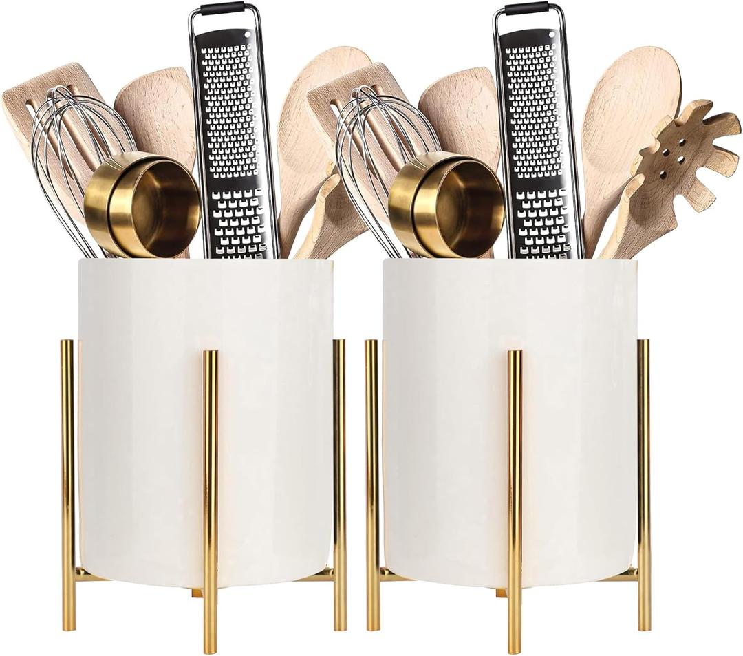 Utensil Organizer for kitchen, Knives and Forks with Shiny metal frame Tray for Farmhouse Kitchen Decor and Countertop(6.3 * 4.33inch) (XL, Gold white)