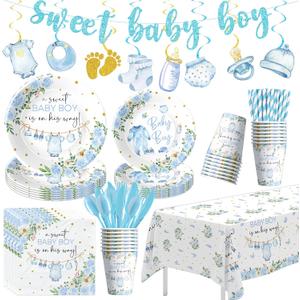 Baby Boy Baby Shower Decorations, Blue Floral Sweet Baby Boy Party Supplies, Plate, Napkin, Cup, Tablecloth, Banner, Swirls, Cutlery, Boy Gender Reveal Table Decorations, Serves 24