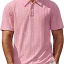 PJ PAUL JONES Mens Polo Shirts Short Sleeve Casual Textured Knit Polo Shirt for Men Golf Collared (Pink, L)