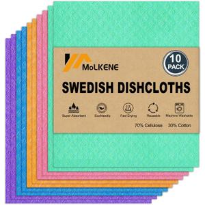 MoLKENE Swedish Dish Cloths - 10 Pack Reusable Kitchen Dishcloths - Ultra Absorbent Dish Towels for Washing Dishes - Cellulose Sponge Cloth Cleaning Rag - Assorted