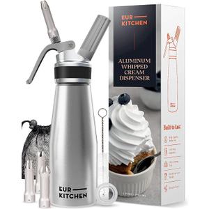 EurKitchen Professional Aluminum Whipped Cream Dispenser - Leak-Free Whip Cream Maker Canister with 3 Decorating Nozzles & Cleaning Brush - 1-Pint / 500 mL Cream Whipper - N2O Chargers (Not Included)