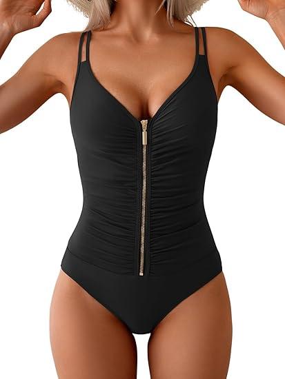 Eomenie One Piece Swimsuit for Women Zip Front Tummy Control Bathing Suit Ruched Slimming Swimwear Double Straps Swim Suit L