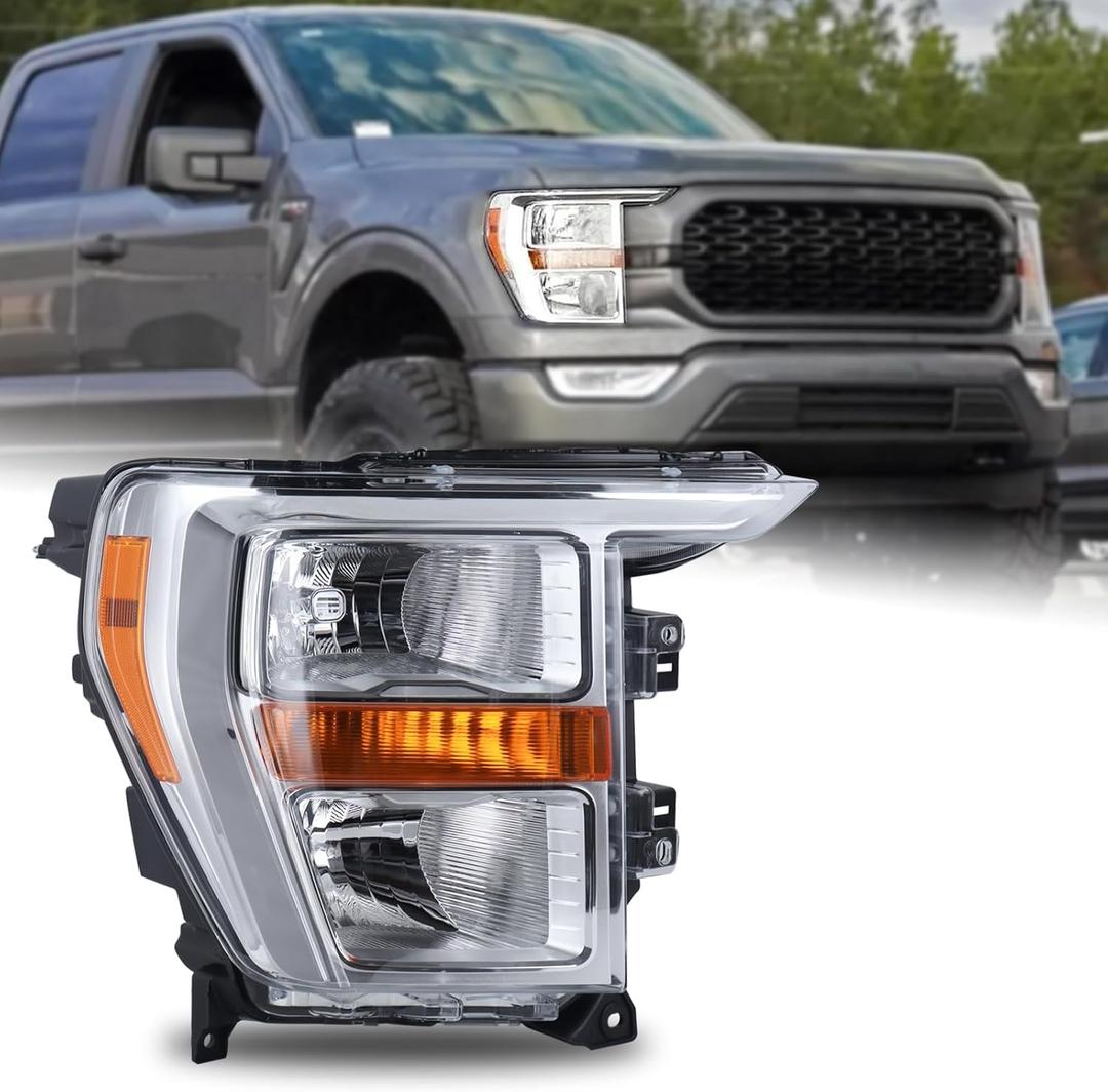 OEM Style Chrome Bezel Halogen Headlight Assembly Compatible with 2021-2023 Ford F150 F-150 XL/XLT Right Passenger Side ML3Z-13008-J FO2502409