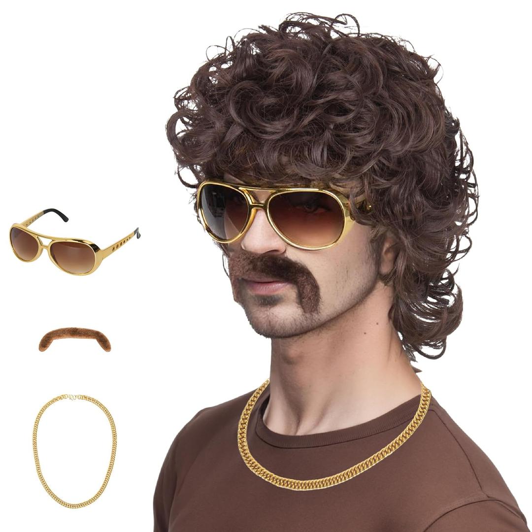 70s Wigs for Men Disco Wig for Halloween Party Short Brown Feathered Hair with Glasses Gold Necklace Mustache