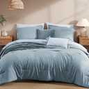 Oversized Queen Comforter Set-7 Pieces Soft Bed in a Bag Queen Bedding Sets | All Season Dusty Blue Prewashed Comforter Bed Sets with Striped Sheets, Pillowcases & Shams