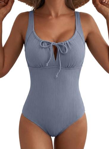 Aleumdr Womens Textured One Piece Swimsuit Tummy Control Bathing Suit Tie Knot Cutout Swimwear, M