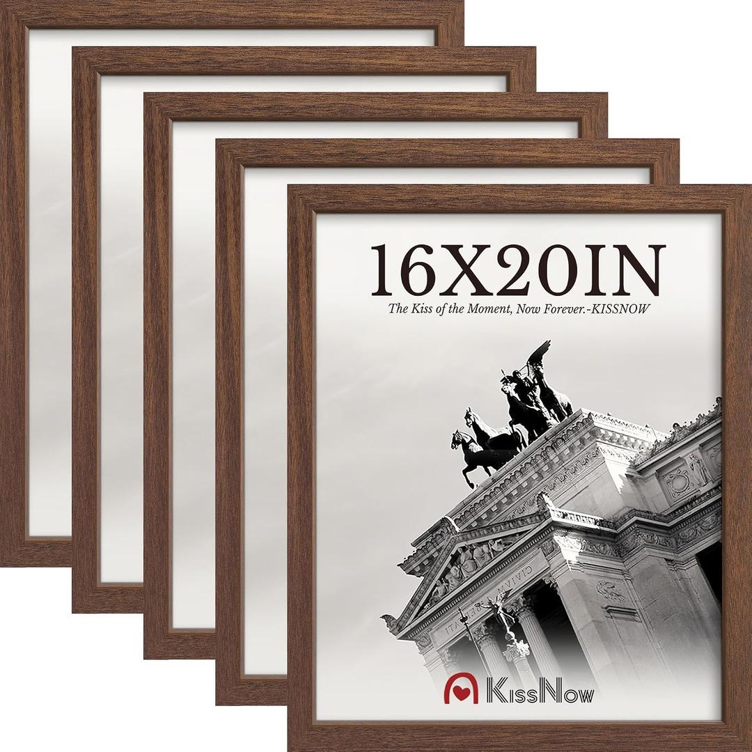 16x20 Picture Frame 5 Pack, Brown Solid Wood Poster Frame for Wall