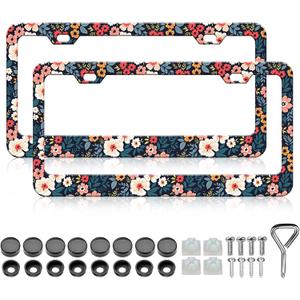 Folk Floral License Plate Frame - 2 PCS Colorful Flowers Aluminum Metal License Plate Frames Holder Covers for Women, Rust-Proof Waterproof Car Decorative Tag Frames for Standard US 12x6 Inch