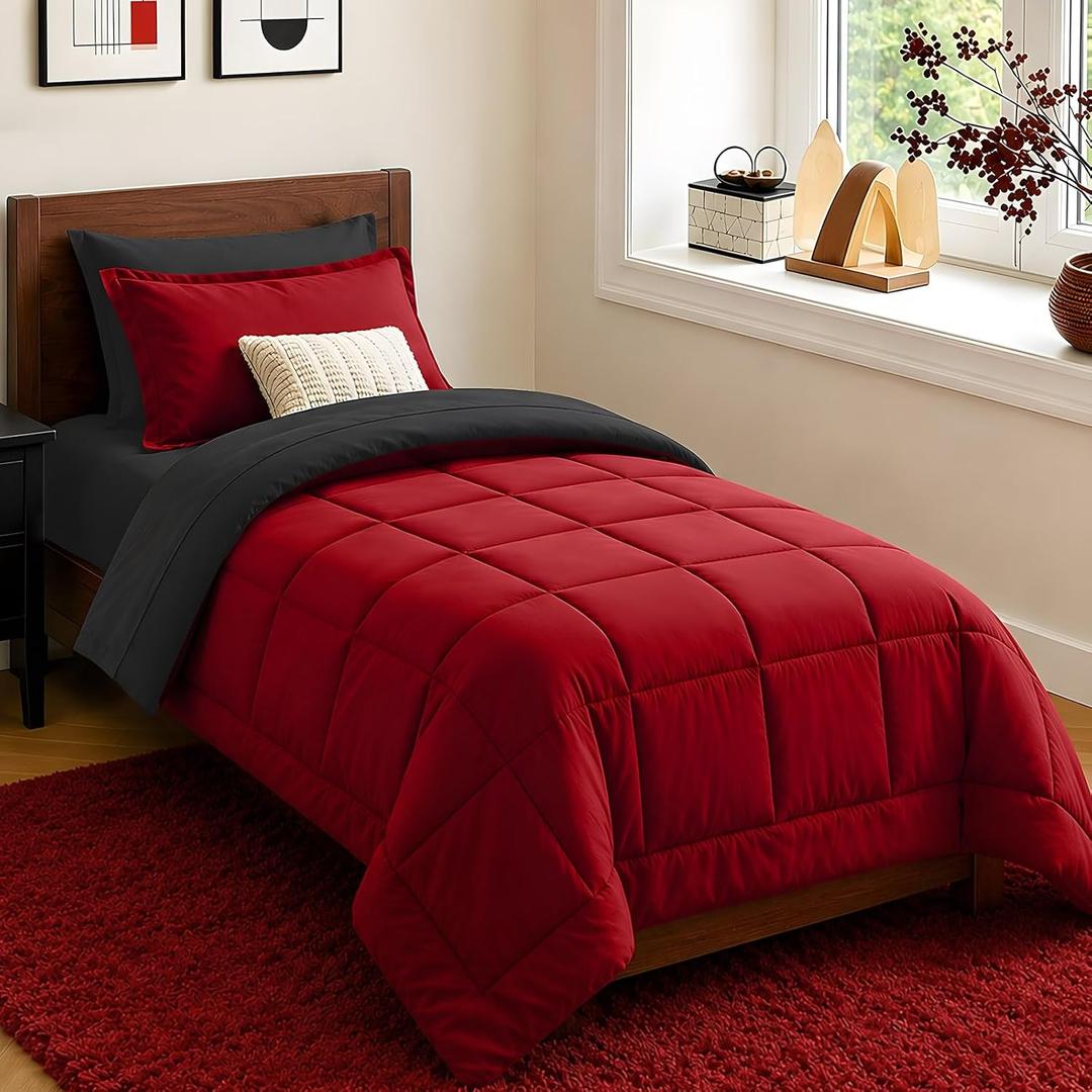 FUANNA Twin Comforter Set 5 Pieces, Reversible Twin Size Bed in a Bag with All Season Premium Comforter, Bed Sets Includes Comforter, Flat Sheet, Fitted Sheet, Pillowcase & Pillow Sham, Red & Black