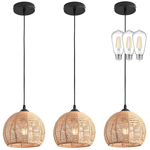AyshwillDec 3 Pack Wicker Pendant Light Natural Woven Pendant Light Boho Chandelier Light Fixture Dome Rustic Farmhouse Pendant Light Rattan Light Fixture for Dining Room Kitchen Island (Bulb Incl.)