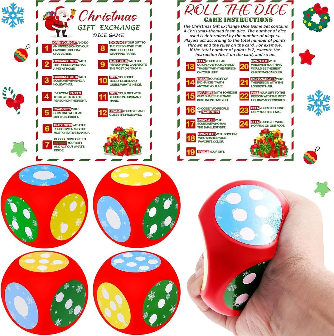 4 Sets Christmas Exchange Game Dice, 2.6 Inch Santa Swap Gift Christmas Group Party Game for Family Board Xmas Large Foam Dice White Elephant Gift Exchange