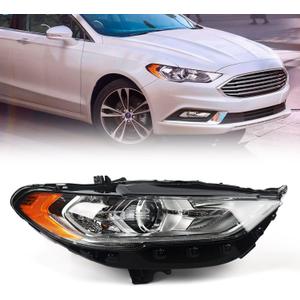 FIONE for Ford Fusion Headlight Assembly 2017 2018 2019 2020 Halogen Projector Headlamp Replacement Chrome Housing Front Lamp Right Passenger Side RH HS7Z13008G