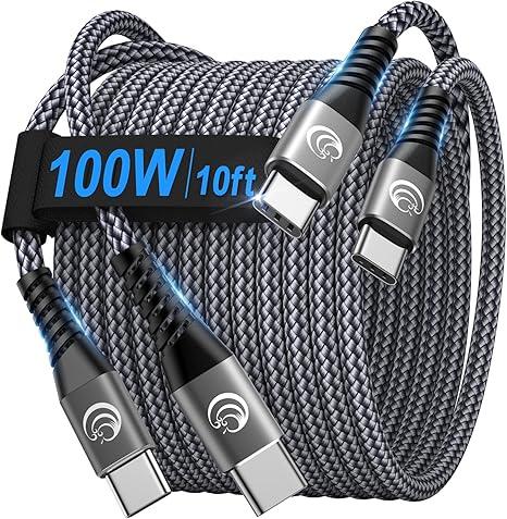 USBC to USBC 100W [10ft/2 Pack] USB C to USB C Fast Charging Cable Braided C to C Charger Cord for MacBook Pro/Air, iPhone 16 15 Pro Max Plus,iPad Pro,Samsung Galaxy S25 Ultra S24 S23,Pixel,PS5,Switch