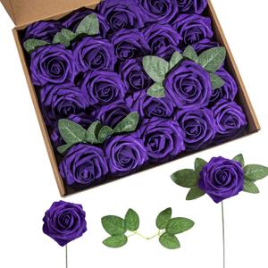 Artificial Flower Foam Rose 25pcs Real Looking Fake Rose with Stems Leaves for Home Decoration Party Garden Centerpieces DIY Wedding BouquetsPurple