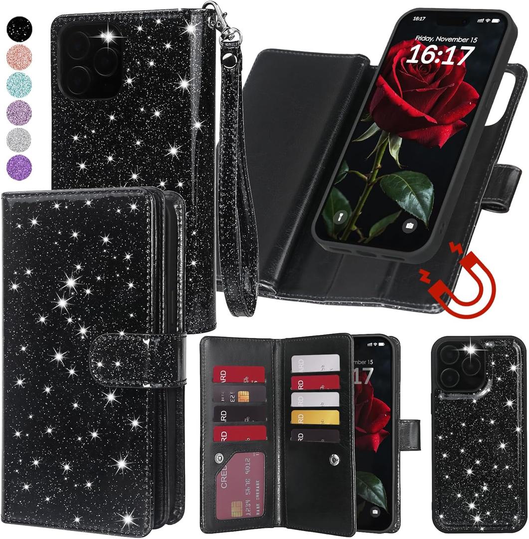 Varikke for iPhone 12 Pro Max Wallet Case Detachable with Card Holder for Women, Fashion Glitter PU Leather Strap Magnetic Flip Wallet Removable Phone Case Cover for iPhone 12 Pro Max 6.7", Black