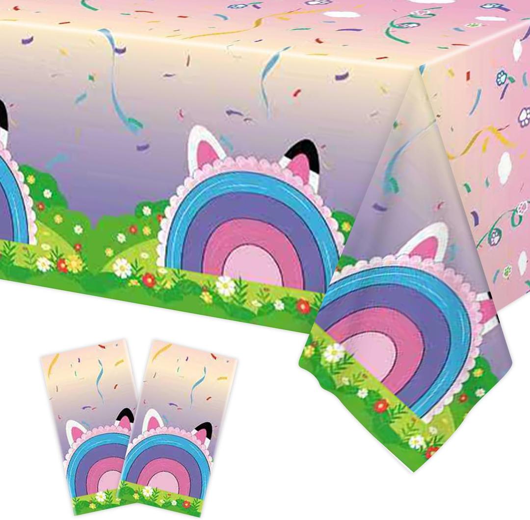 2pcs Cartoon Cat Dollhouse Party Tablecloth Happy Birthday Tablecloth Party Supplies Decorations for Cartoon Dollhouse Party Supplies (Blue)