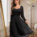 Bbonlinedress Formal Wedding Guest Dress Square Neck Lace Cocktail Dress Bridesmaid Long Sleeve A-Line Midi Tea Prom Gown (Black, L)