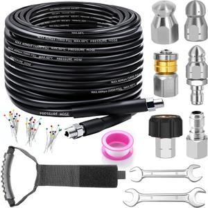 Sewer Jetter Kit for Pressure Washer, 100FT Drain Cleaner Hose 5800PSI with 1/4 Inch NPT Corner, Rotating Nozzle and 4 Different Button Nose Sewer Jet Nozzles, Waterproof Tape and 2 Spanners (Black)