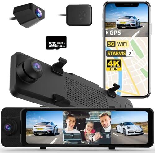 3 Channel Rear View Mirror Camera, 4K+1080P+1080P Front Inside and Rear Car Camera, 12" Touch Screen Backup Camera with 5GHz WiFi GPS, 24H Parking Mode, HDR Night Vision, G Sensor, Free 64G Card