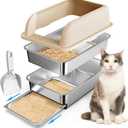 23.6"x16"x12" Stainless Steel Sifting Litter Box with Lid, XL Sifting Litter Box for Pine Pellets Less Tracking, High Sides Metal Litter Tray with Removable Drawer Pan, Anti-Leakage, Easy Cleaning