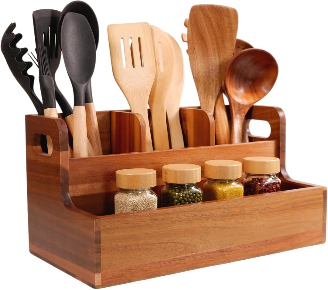 Wooden Kitchen Utensil Holder Organizer for Counter or Countertop, Large Wooden Utensil Holder for Storage Cooking and Silverware with 3+1 Compartment, Acacia Rustic Wood Container Extra Large.