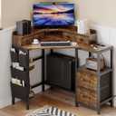 VENNQD Corner Desk with 6 Fabric Drawers Shelves for Small Space Computer Desk with Power Outlets,Gaming Desk with Printer Monitor Stand Storage for Home Office Workstation Writing Table Brown