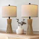 OYEARS 22.5" Table Lamps for Living Room,Boho Lamps Set of 2 for Bedrooms, Bedside Lamp for Nightstands, Rattan Lamp, Farmhouse Table Lamp for Room Decor, End Table, Retro, BrownNot Include Bulbs (Woodgrain and Matte Black)