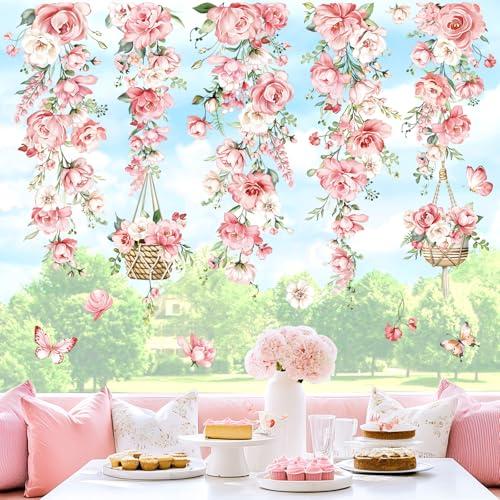 decalmile Hanging Flower Vine Double Sided Window Clings Pink Peony Floral Window Decals Anti-Collision Glass Window Doors Window Stickers