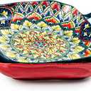 Besmeety Square Pasta Bowls with Handle, Boho Salad Serving Bowls Set of 2, Ceramic 7.09" Pasta Plates for Housewarming Present, Party (Green+Red)