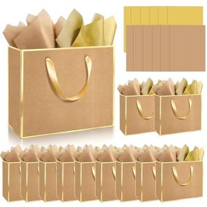 Epoesch 12 Pack Fancy Brown Gift Bags with Handles and 24 Tissue Paper, Medium Size11.8"x10"x4" Inch for Birthdays, Weddings, Party Shopping, Corporate Gifts, Easter, Mother's Day, Holiday (Kraft Gold)