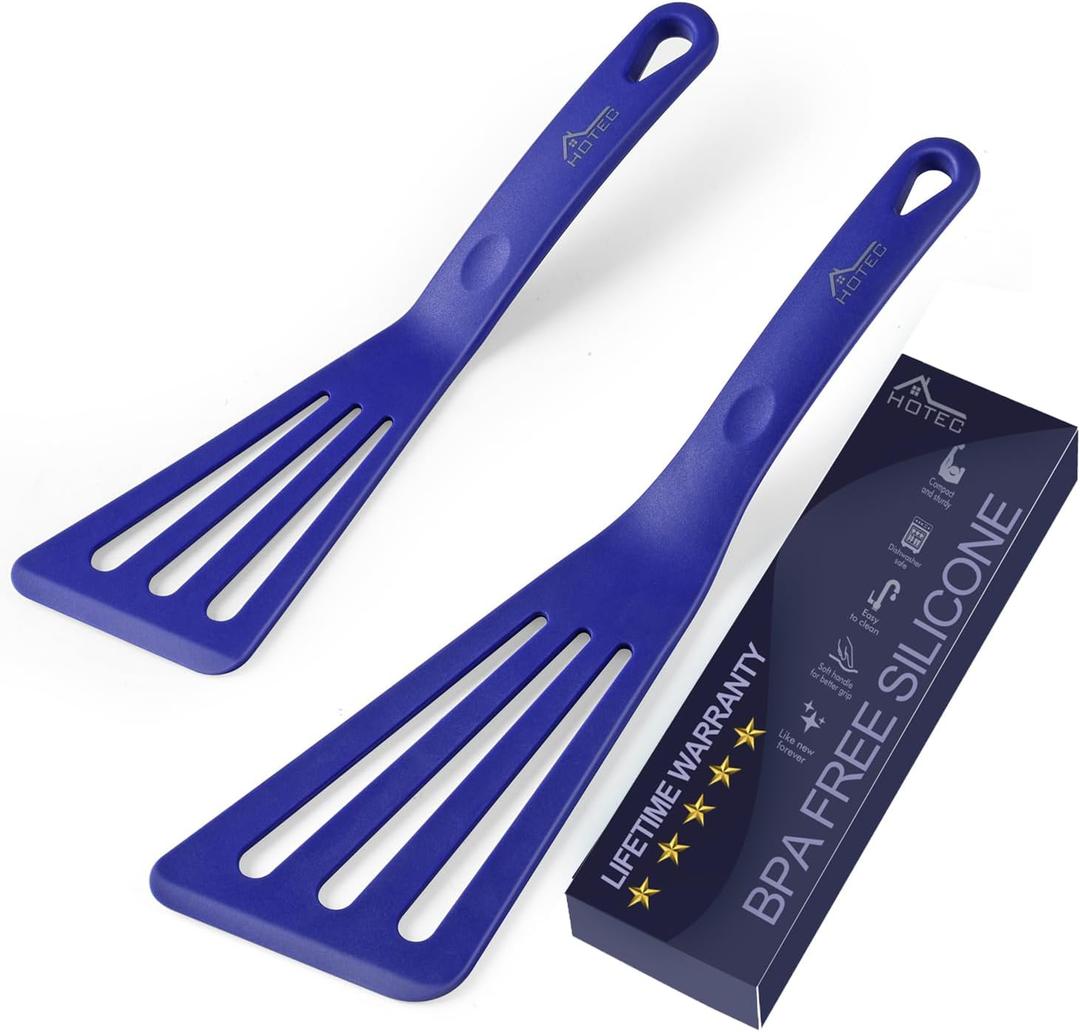 HOTEC 600 Heat Resistant Silicone Slotted Fish Turner Spatula Set, BPA Free Kitchen Cooking Spatulas, for Non Stick Cookware Dishwasher Safe Classic Blue, set of 2